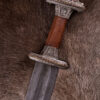 0116041101c_vendelzeit_schwert_damaststahl_vendel_period_sword_mittelalter_verzinnt Vendelzeit-Schwert mit Scheide, Messingheft, verzinnt, Damaststahl