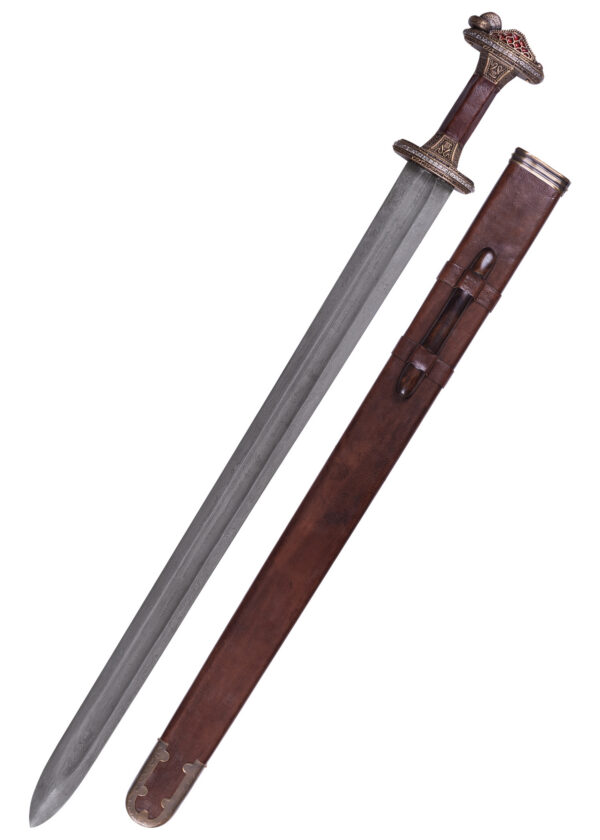 0116041201b_vendelzeit_schwert_damaststahl_vendel_period_sword_mittelalter Vendelzeit-Schwert mit Scheide, Messingheft, Damaststahl