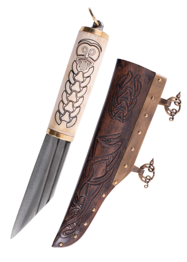 0316201700_sax_lederscheide_messer_dolch_seax_wikinger_viking_mittelalter-2 Kleiner Wikinger-Sax, Knochengriff mit nordischem Motiv