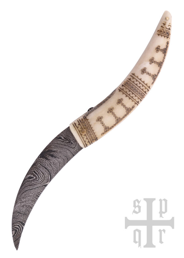 0364002462_messer_wikingermesser_viking_knife_folder_damast_wikinger Wikinger-Taschenmesser aus Damaststahl mit Knochengriff