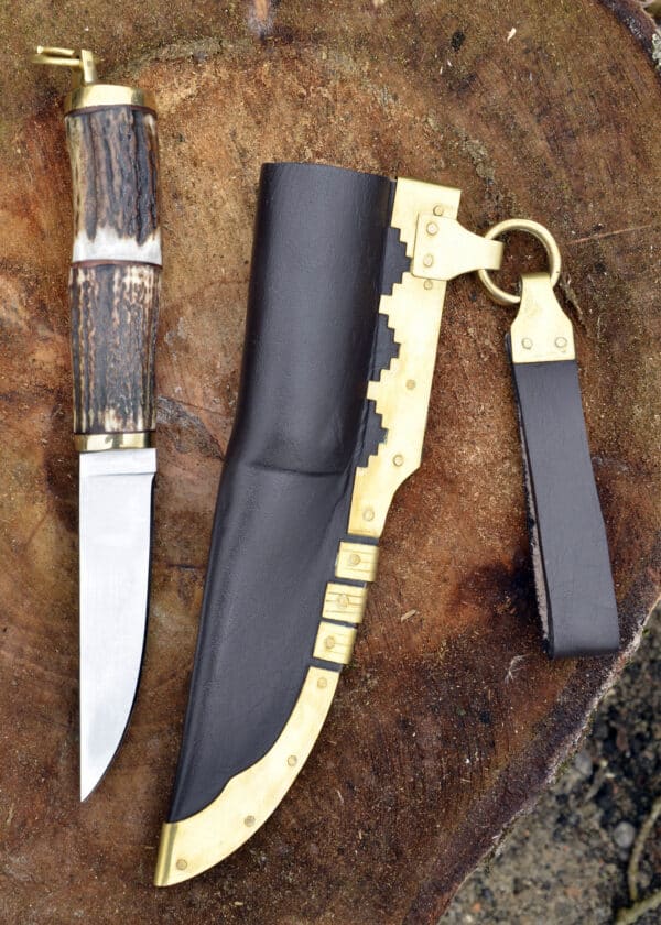 Wikinger Messer mit Hirschhorngriff und Scheide aus Leder