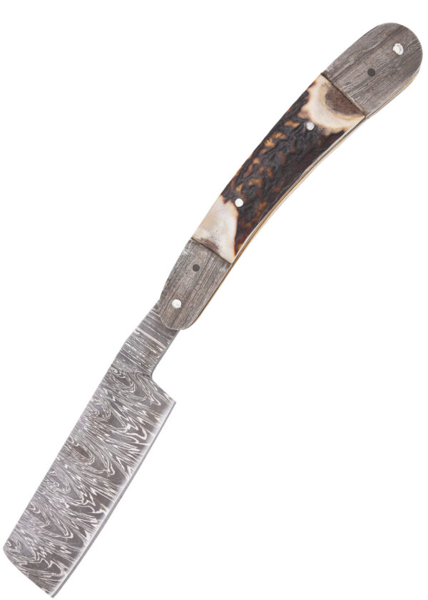 Damast-Rasiermesser mit Hirschhorngriff und Lederetui - Requisit