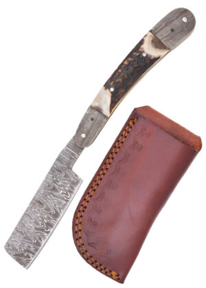 0369221004b_rasiermesser_damast_hirschhorngriff_lederetui_lagerleben_mittelalter Damast-Rasiermesser mit Hirschhorngriff und Lederetui - Requisit
