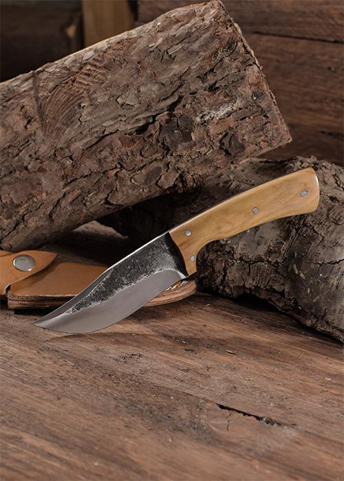 0397000404c_messer_ledertasche_knife_mittelalter Jagdmesser mit Griff aus Olivenholz, ca.20 cm, Lederscheide,