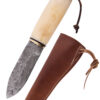 0397005151_messer_damast_horngriff_lederscheide_knife Gebrauchsmesser mit Knochengriff u. Lederscheide, Damaststahl