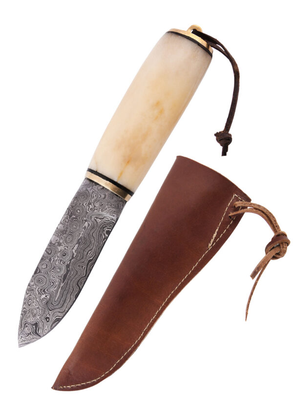 0397005151_messer_damast_horngriff_lederscheide_knife Gebrauchsmesser mit Knochengriff u. Lederscheide, Damaststahl