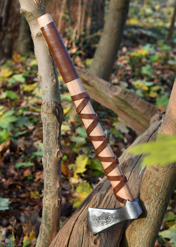 0416470900b_axt_stahl_typ_l_mittelalter_viking_wikinger Wikinger-Axt aus Stahl, gegossen, Typ L, mit Gravur und Lederwicklung