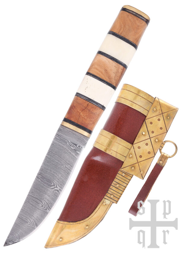 0564000237_messer_wikingermesser_damaststahl_wikinger_mittelalter_holz_knochengriff Wikinger-Messer aus Damaststahl mit Holz-/Knochengriff