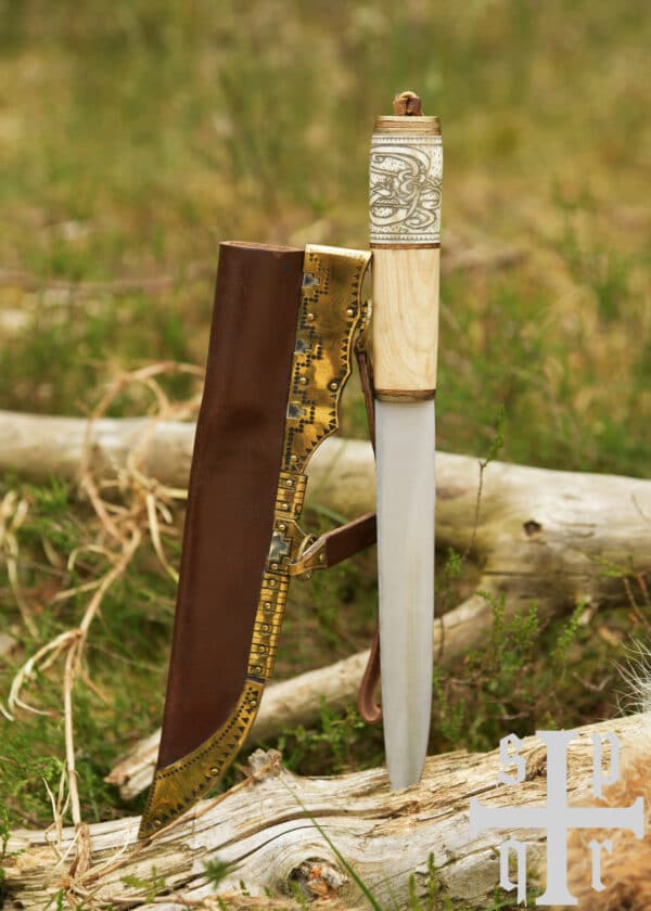Vikingský nôž, oceľ, drevená/kostená rukoväť s uzlovým vzorom