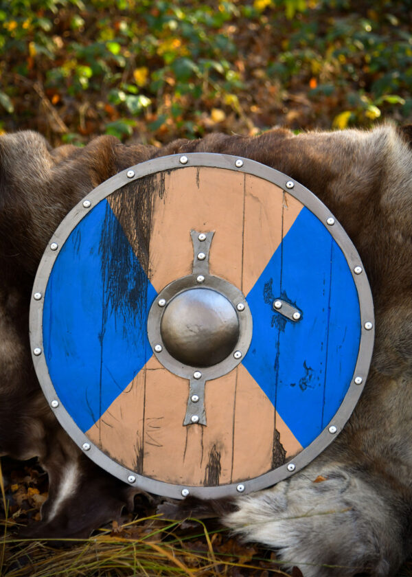 LARP vikingský štít Fjorn, modrý/hnedý, 60 cm