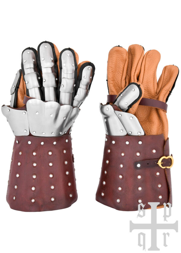 1064000062_panzerhandschuhe_plattenhandschuhe_visby_braun_ruestung_mittelalter Mittelalterliche Panzerhandschuhe, Schlacht von Visby, 14. Jh., versch. Farben