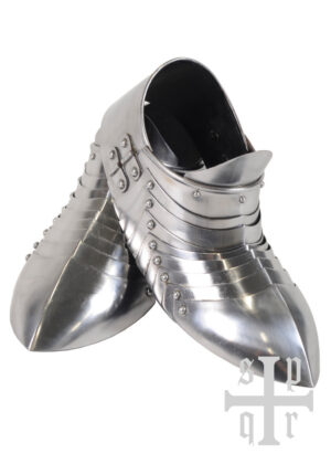 1064000094_ruestung_sabatons_14jh_runde_spitze_rounded_tip Mittelalterliche Sabatons, Panzerschuhe, 14. Jh., 1,5 mm Stahl, Paar