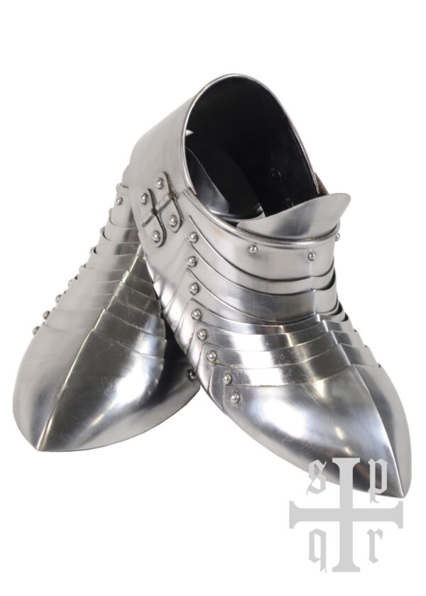 1064000094_ruestung_sabatons_14jh_runde_spitze_rounded_tip Mittelalterliche Sabatons, Panzerschuhe, 14. Jh., 1,5 mm Stahl, Paar