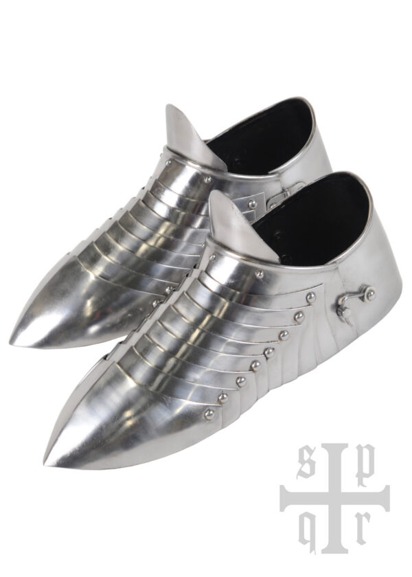 1064000094b_ruestung_sabatons_14jh_runde_spitze_rounded_tip Mittelalterliche Sabatons, Panzerschuhe, 14. Jh., 1,5 mm Stahl, Paar