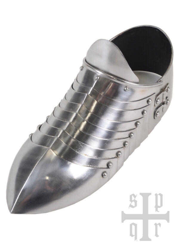 1064000094c_ruestung_sabatons_14jh_runde_spitze_rounded_tip Mittelalterliche Sabatons, Panzerschuhe, 14. Jh., 1,5 mm Stahl, Paar