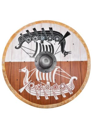 Vikingský štít „Draken – dračia loď“ s lemovaním zo surovej kože, 80 cm