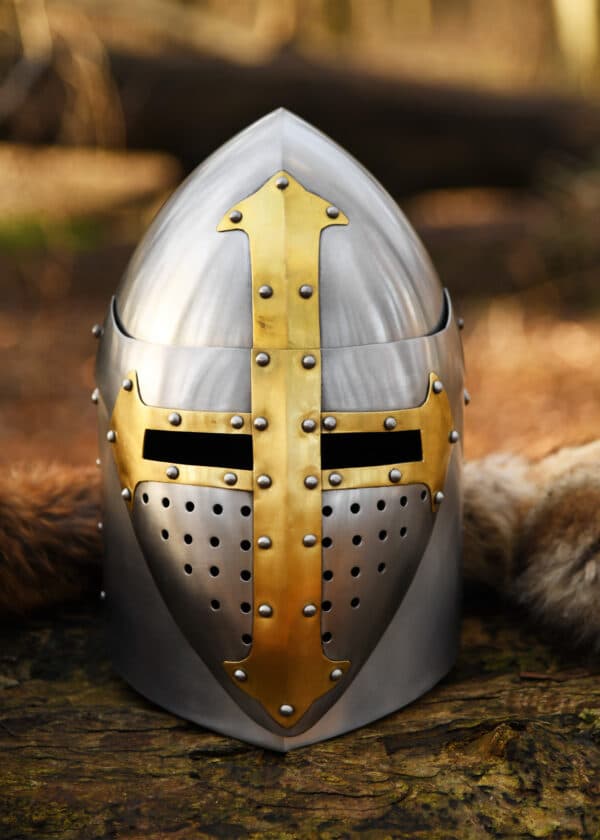 Topfhelm mit klappbarem Visier, 1,6 mm Stahl, poliert