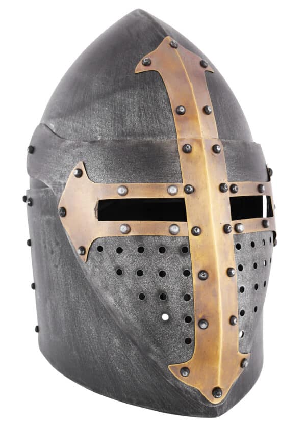 Topfhelm mit klappbarem Visier, 1,6 mm Stahl, Antikfinish