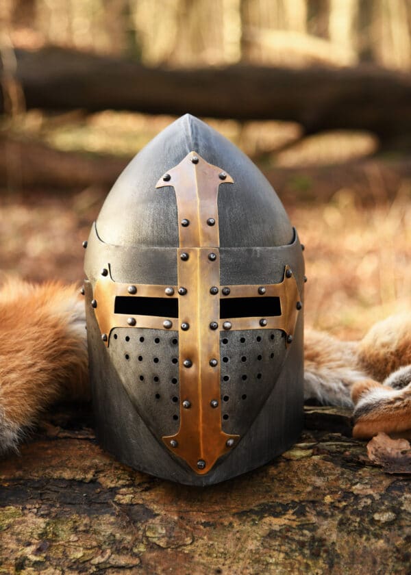 Topfhelm mit klappbarem Visier, 1,6 mm Stahl, Antikfinish
