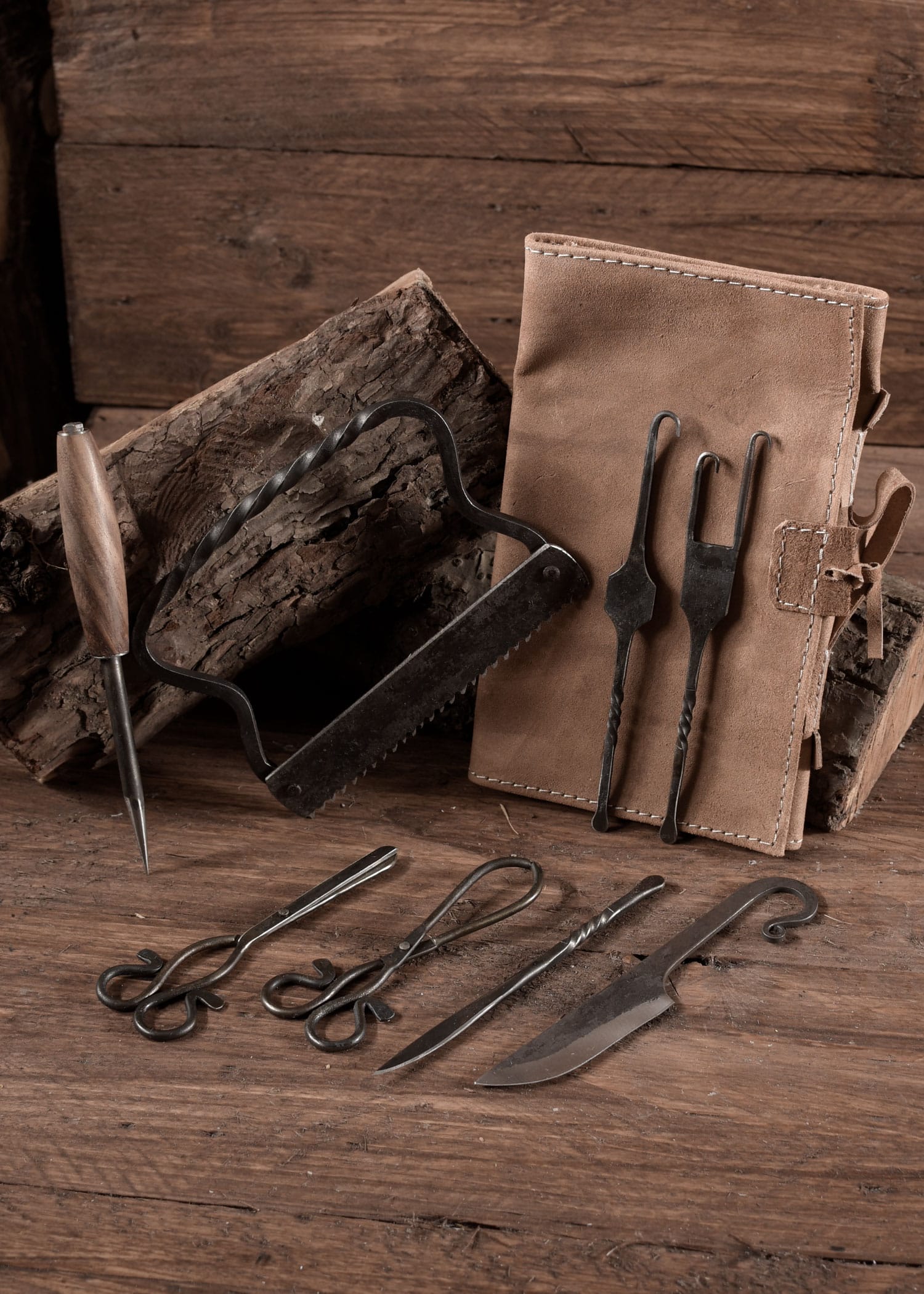 Geschmiedetes Mittelalter Wundarztbesteck mit Ledertasche