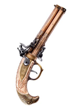 Dreiläufige Steinschloss-Pistole, Augsburg 1775, Messing, Replik