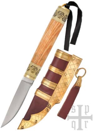 Malý vikingský nôž Birka, uhlíková oceľ, drevená/kostenná rukoväť s motívom Valknut