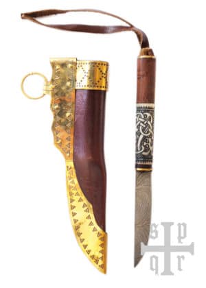 Malý vikingský nôž, damastová oceľ, rukoväť z dreva/kosti s motívom hada