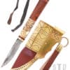 Vikingský nôž, damasková oceľ, drevená/kostenná rukoväť s motívom havrana